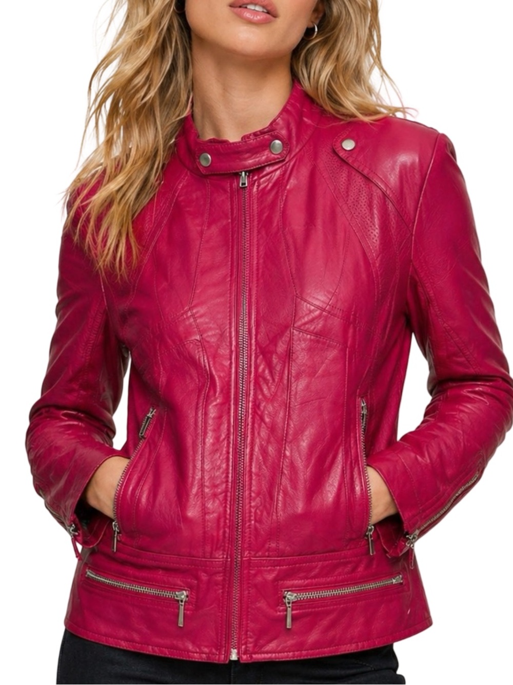 MNG by Mango Women’s Genuine Lamb Leather Jacket – Metallic Red – Size XL 🔥 🐑